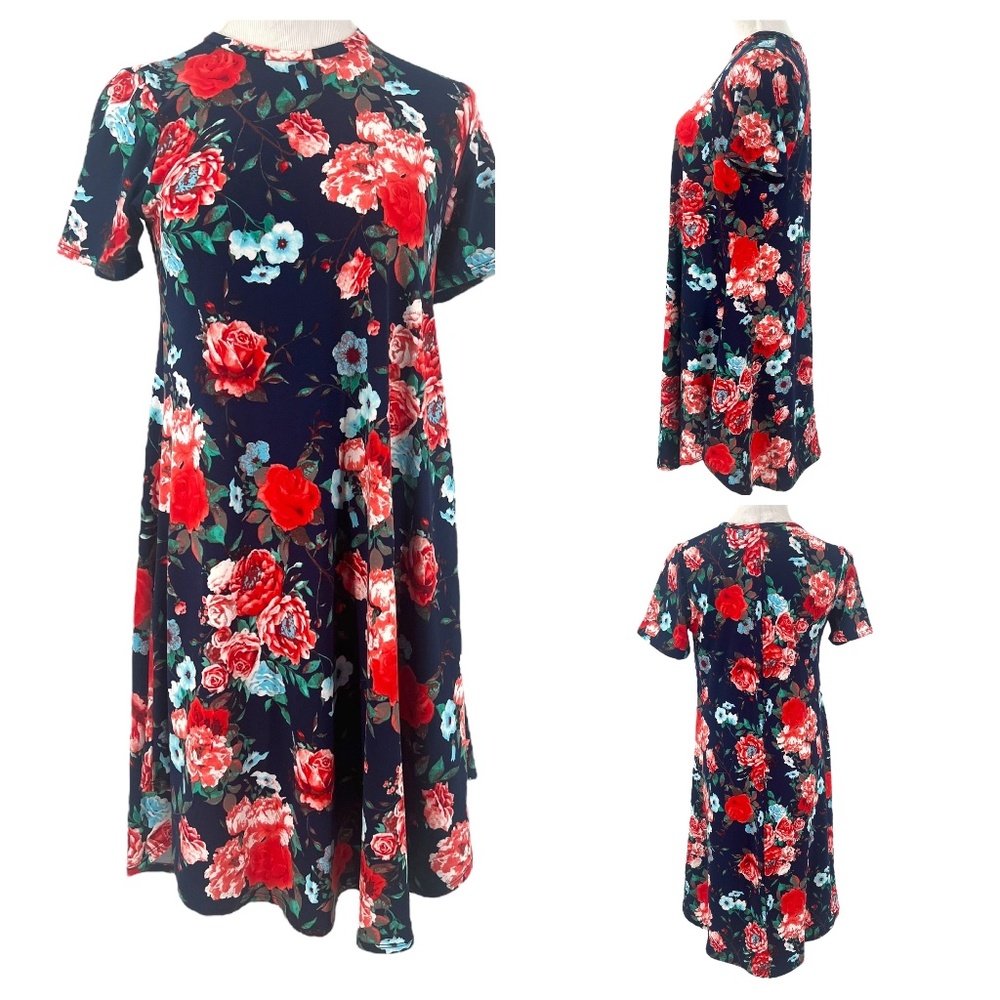 Lara Fashion Blue Red Floral Navy Short Sleeve Midi A-Line Dress Size Medium